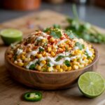 A colorful bowl of Mexican Street Corn Pasta Salad featuring grilled corn, pasta, Cotija cheese, fresh cilantro, and a creamy dressing.