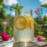 A glass of Japanese Mounjaro with Apple Cider Vinegar, garnished with a lemon wedge, surrounded by ingredients like Japanese pink salt and chia seeds.