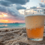 Close-up of a Candy Cleanse Soda Recipe weight loss drink in a glass on a sandy beach at sunrise, with ocean and colorful sky in the background.