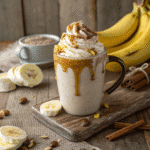 A delicious banana bread latte Recipe topped with cold foam and caramelized bananas, served in a clear glass with a sprinkle of cinnamon.