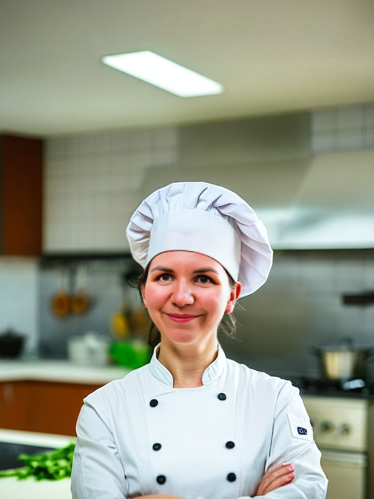 chef portrait in a kitchen happy with a chefs hat professional photo on blurred kitchen background