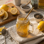 Bariatric Seed Trick drink in a mason jar with chia seeds and lemon, featuring a vintage spoon and fresh lemons on a linen cloth, captured in warm natural light.