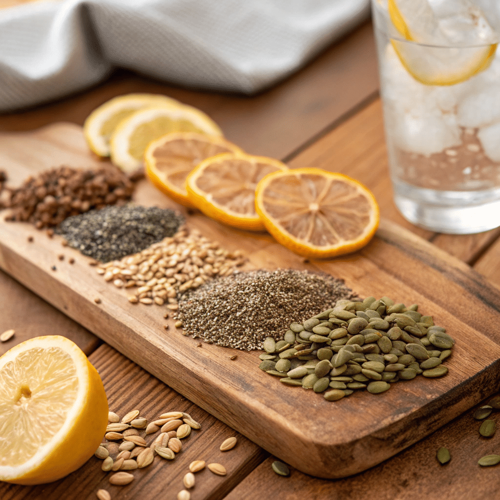 Bariatric Seed Trick ingredients including chia seeds, flaxseeds, sunflower seeds, and pumpkin seeds arranged on a rustic wooden board with fresh lemons and a glass of ice water.