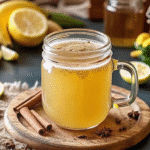 A refreshing drink made from apple cider vinegar, lemon juice, grated ginger, raw honey, and warm water, representing the Zepbound diet plan natural recipe.