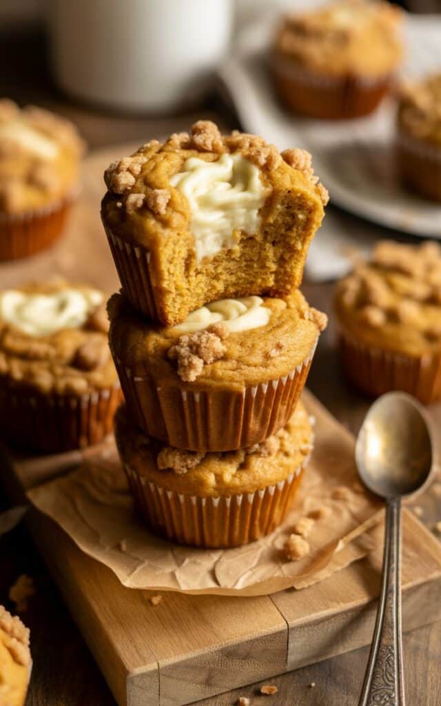 Pumpkin Cream Cheese Muffins - A Perfect Fall Treat 3 Close-up of freshly baked pumpkin cream cheese muffins with crumb topping on a rustic wooden table.
