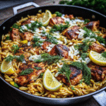 One pan lemon feta chicken and orzo garnished with fresh herbs and lemon slices in a skillet.