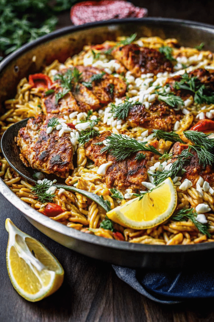 One Pan Lemon Feta Chicken and Orzo 3 A vibrant one pan meal featuring tender chicken, orzo pasta, spinach, and a zesty lemon-feta topping—perfect for a quick Mediterranean-inspired dinner.