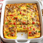 A golden-brown breakfast casserole topped with melted cheese and fresh green onions, served in a baking dish.