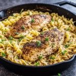 One Pan Chicken with Buttered Noodles served in a skillet, topped with parsley and glistening in garlic butter sauce.