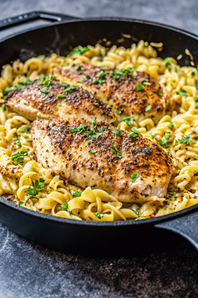 Close-up of One Pan Chicken with Buttered Noodles showing tender noodles and golden chicken in a buttery herb sauce.