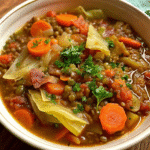 A bowl of steaming Ground Beef and Cabbage Soup garnished with fresh parsley, showing chunks of beef, cabbage, carrots, and tomatoes in a rich broth.