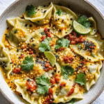 A vibrant bowl of One Pan Sweet Corn Coconut Dumplings, featuring tender dumplings in a creamy coconut broth, garnished with fresh herbs and sweet corn.