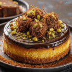 Close-up of a sliced Dubai Chocolate Cheesecake showing crispy kataifi crust, creamy chocolate filling, and glossy ganache topping with pistachio garnish.