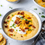 Bowl of creamy Crock Pot Potato Soup topped with shredded cheese, crispy bacon, and chopped chives.