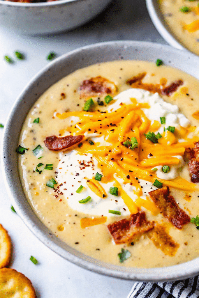 Crock Pot Potato Soup 3 Crock Pot Potato Soup served in a white bowl with a spoon and garnished with fresh herbs and bacon.