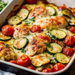 Colorful sheet pan filled with Sheet Pan Mediterranean Chicken Zucchini, featuring chicken, zucchini, cherry tomatoes, and red onion, garnished with fresh herbs.