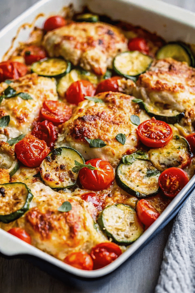 Sheet Pan Mediterranean Chicken Zucchini 3 Deliciously roasted Sheet Pan Mediterranean Chicken Zucchini on a sheet pan, showcasing a medley of colorful vegetables and herbs.