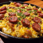 Cheesy Ranch Potatoes and Smoked Sausage served in a rustic bowl, garnished with fresh parsley.