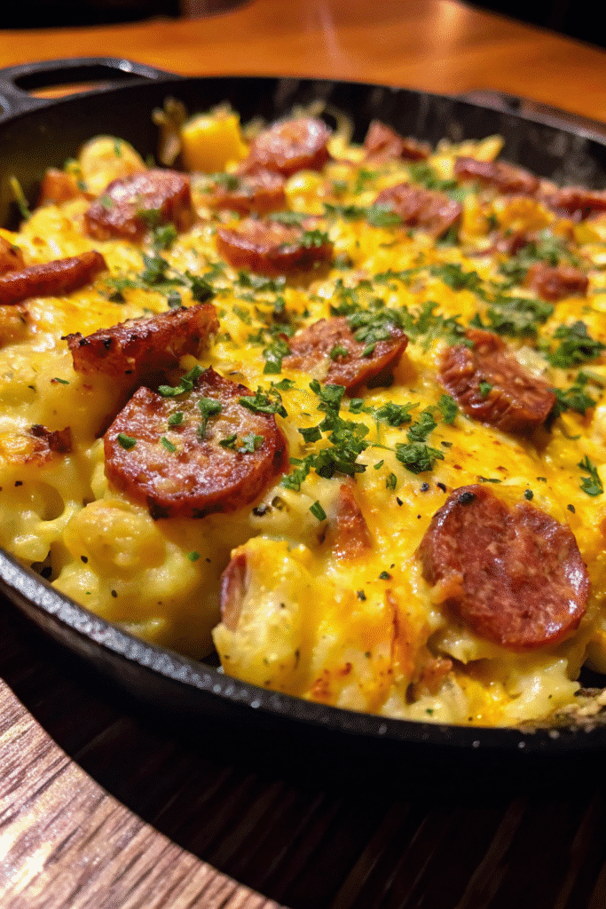 Cheesy Ranch Potatoes and Smoked Sausage 3 Cheesy Ranch Potatoes and Smoked Sausage plated on a colorful dish, with a side of sour cream.