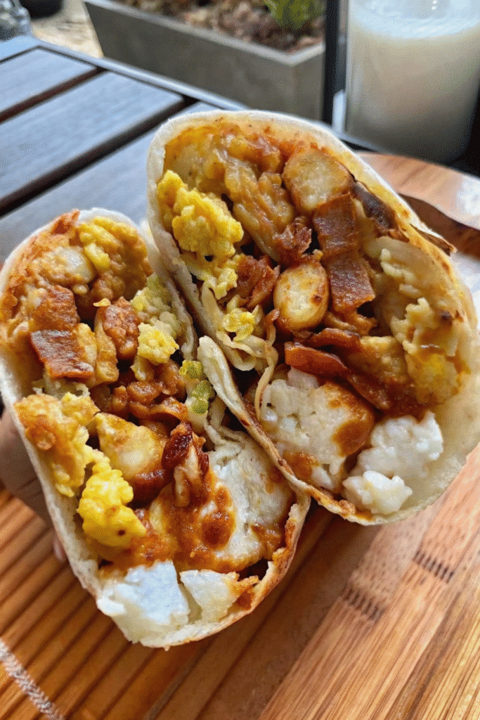 Easy Breakfast Burritos: The Ultimate Morning Comfort Food 3 Close-up of Easy Breakfast Burritos drizzled with chipotle ranch sauce, showcasing their colorful filling of eggs, cheese, and veggies