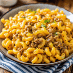 Creamy one pot cheeseburger macaroni with melted cheddar cheese and ground beef in a large skillet
