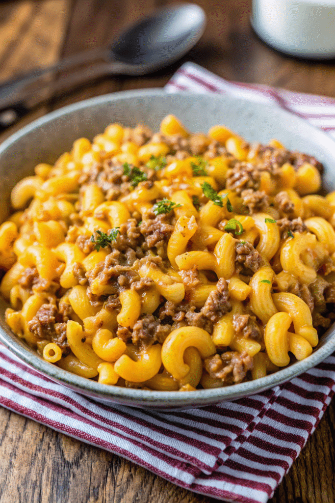 Close-up of cheesy cheeseburger macaroni topped with chopped parsley in a pot.