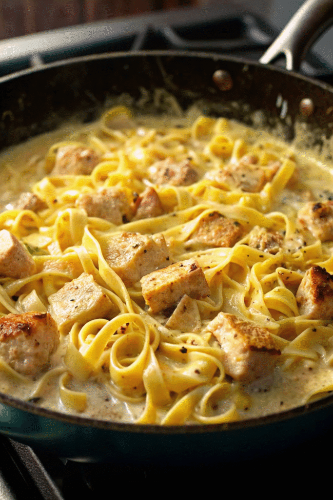 One Pot Chicken Alfredo Pasta Recipe ( Full Recipe ) 3 Close-up of One Pot Chicken Alfredo Pasta with diced chicken and Parmesan cheese sauce.