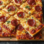 Golden baked high protein sheet pan pizza with melted mozzarella cheese, lean chicken, and colorful vegetables on a rectangular baking pan