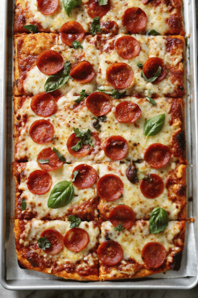 High Protein Sheet Pan Pizza - A Delicious & Nutritious Meal 3 Homemade High Protein Sheet Pan Pizza made on sheet pan with Greek yogurt dough, reduced-fat cheese, and healthy protein toppings ready to serve