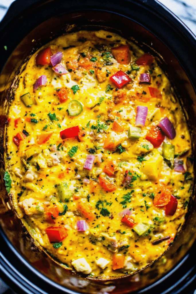 Crock Pot Breakfast Casserole 3 Close-up of a slice of breakfast casserole with melted cheese, bacon pieces, and diced vegetables served warm from a crock pot.