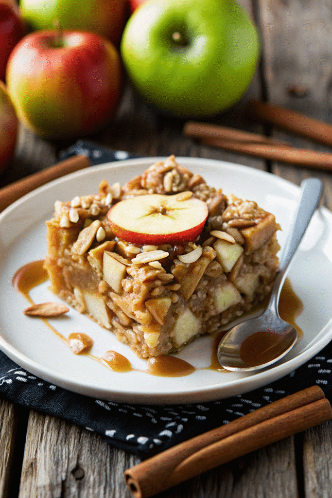 Close-up of a slice of apple cinnamon baked oatmeal served on a white plate, showing the soft texture and cinnamon-spiced apples inside.