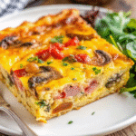 Golden baked Crack Breakfast Casserole with melted cheddar cheese and a flaky crescent roll crust in a glass baking dish.