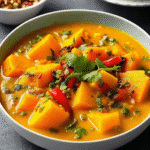 Creamy One Pot Pumpkin Curry with Coconut Milk served in a bowl with rice and fresh cilantro garnish.