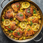 One Pot Chicken and Rice With Caramelized Lemon served in a skillet, topped with caramelized lemon slices and fresh parsley.