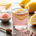 Glass of pink salt lemon water on a kitchen counter with fresh lemon halves nearby.