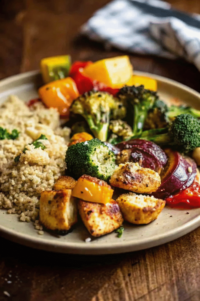 Sheet Pan Chicken with Rainbow Vegetables 3 Healthy Sheet Pan Chicken with Rainbow Vegetables on a baking tray, topped with lemon zest and Parmesan cheese.