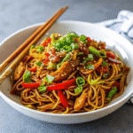 One Pot Chicken Chow Mein with colorful vegetables and tender noodles in a savory sauce