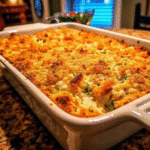 Golden-baked Million Dollar Chicken Casserole in a 9x13 dish with melted cheddar and Ritz cracker topping.