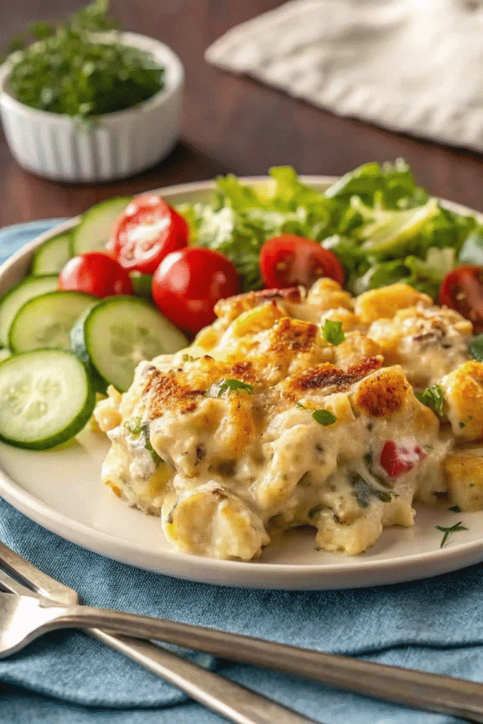 Million Dollar Chicken Casserole 3 Close-up of Million Dollar Chicken Casserole showing shredded chicken, melted cheese, and crispy Ritz topping.