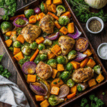 Colorful Fall Sheet Pan Meal with roasted chicken, sweet potatoes, Brussels sprouts, carrots, and red onion