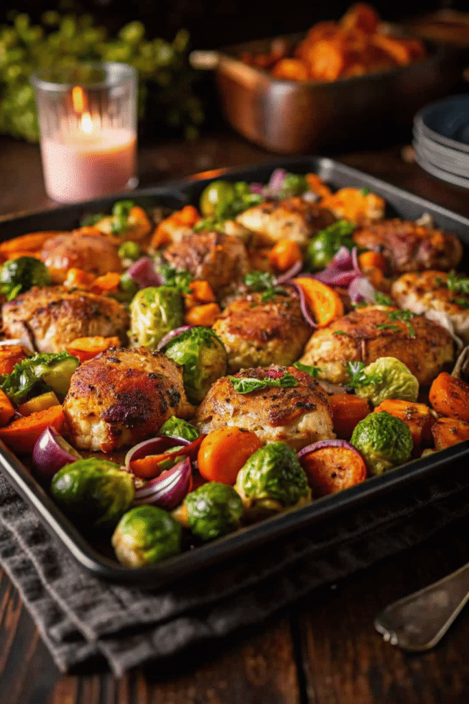 Roasted chicken and autumn vegetables on a parchment-lined sheet pan