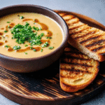 Bowl of creamy roasted garlic soup garnished with fresh thyme and served with crusty bread.