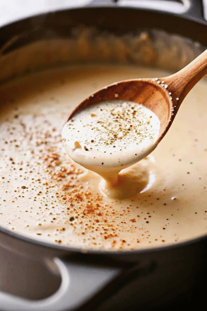 Close-up of roasted garlic soup in a white bowl with golden garlic cloves on top.