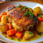 Golden roasted sheet pan chicken thighs with crispy skin, surrounded by roasted baby potatoes, carrots, and onions.