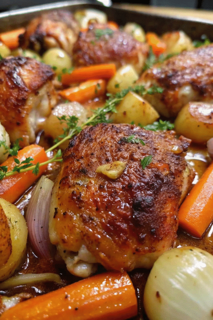 Oven-baked chicken thighs on a sheet pan with caramelized carrots, potatoes, and onions, ready to serve.