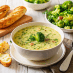 Creamy Slow Cooker Broccoli Cheese Soup served in a bowl with fresh broccoli garnish.