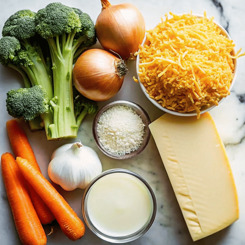 Fresh broccoli, shredded carrots, diced onion, garlic, cheddar cheese, and cream arranged for broccoli cheese soup.