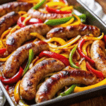 Sheet Pan Sausage and Peppers with colorful bell peppers and caramelized onions on a baking tray