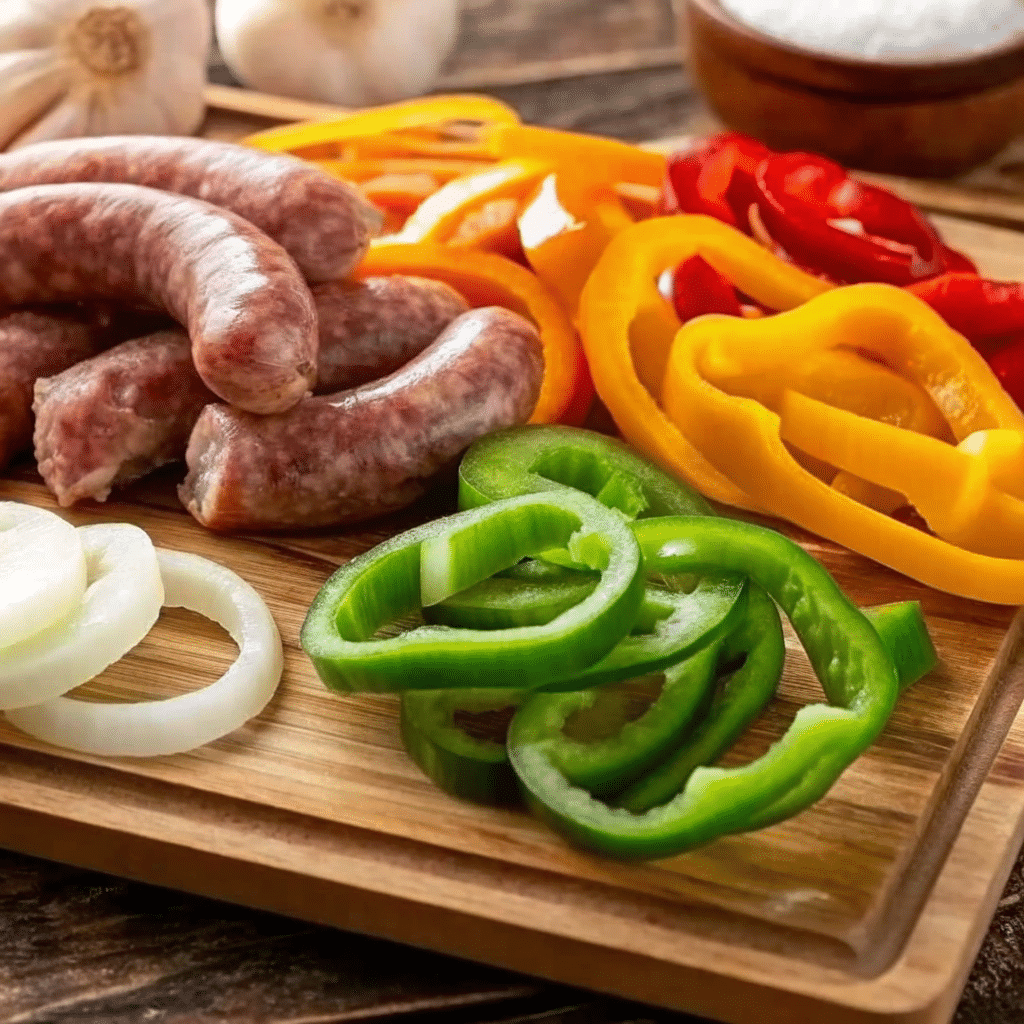 Sheet Pan Sausage and Peppers Recipe 6 Ingredients for Sheet Pan Sausage and Peppers on a countertop, including Italian sausages, bell peppers, onion, and seasonings