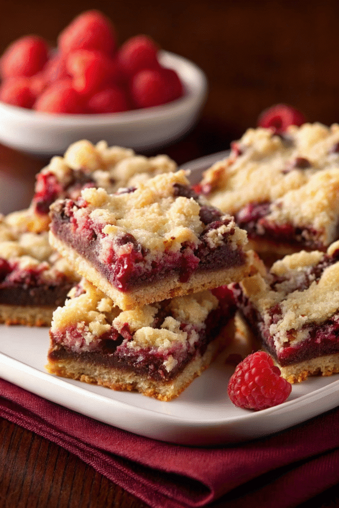 Close-up of sliced Chocolate Raspberry Bars highlighting the raspberry jam and chocolate chip topping.